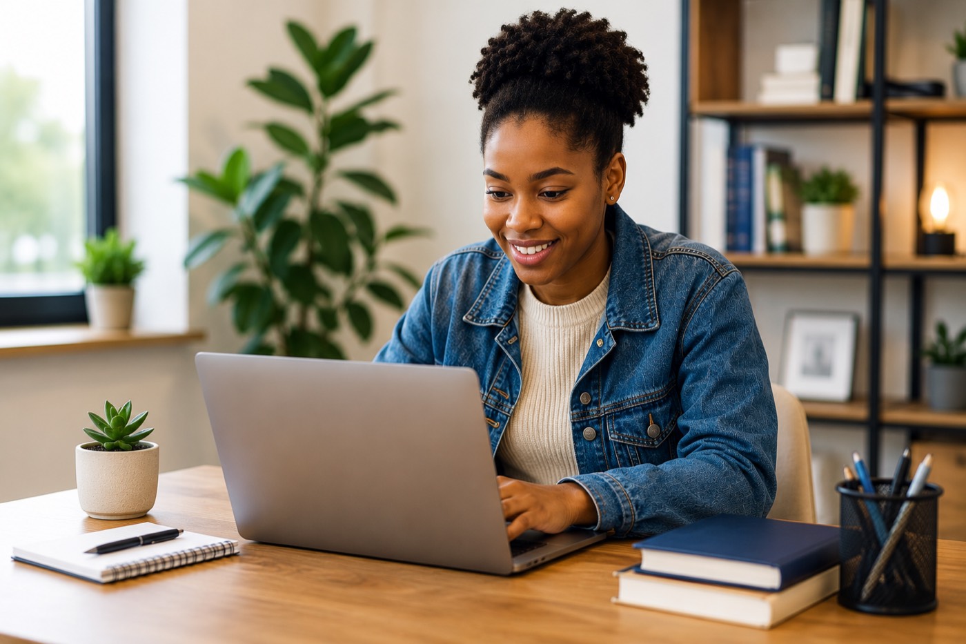 Une étudiante prépare sa candidature sur son ordinateur portable.
