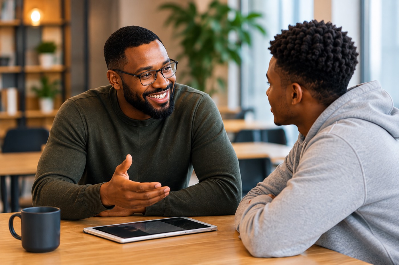 Un mentor KoraGen échange avec un étudiant, tablette en main, dans un espace de coworking.