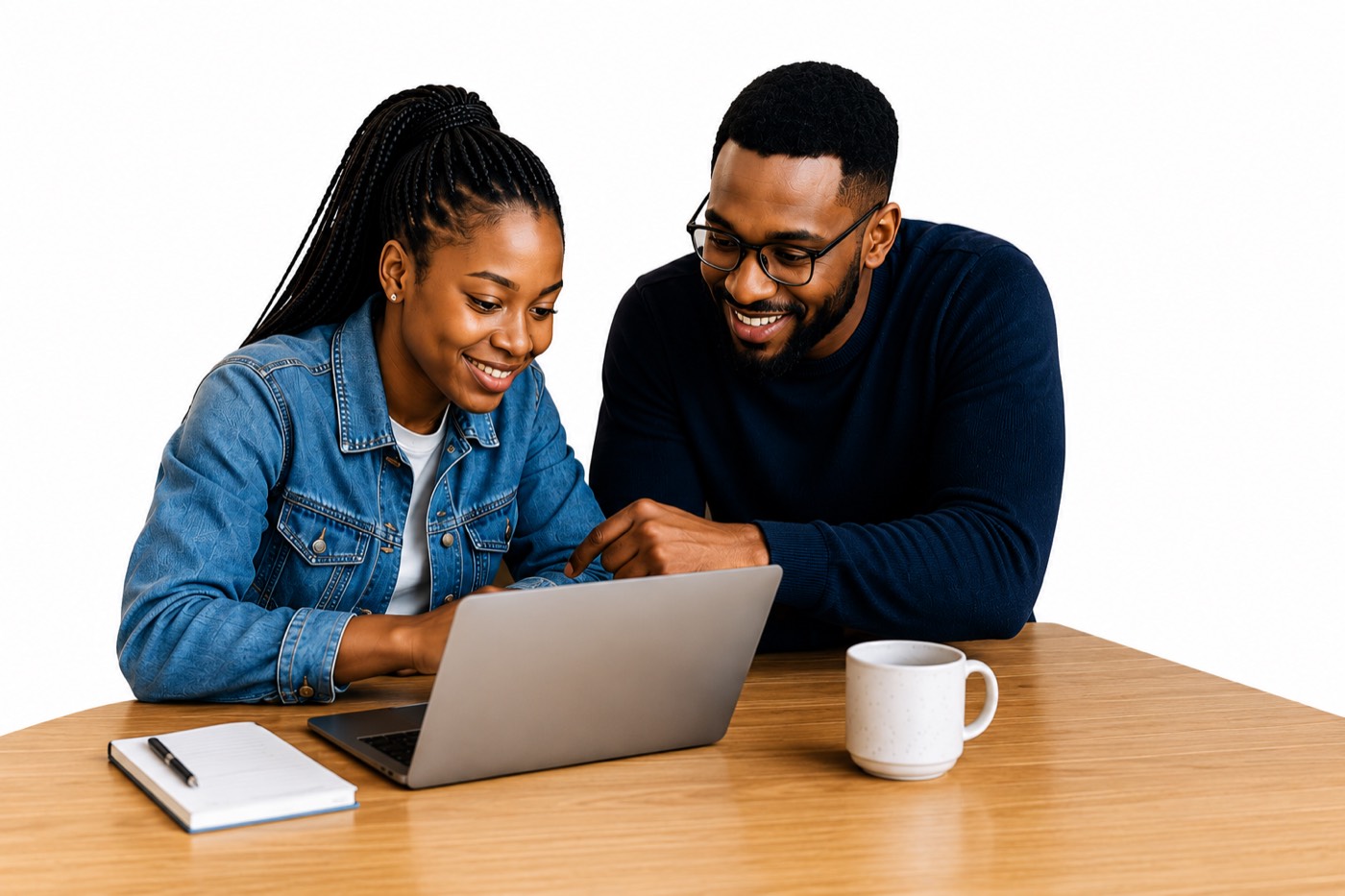 Un binôme mentor-étudiant échange autour d'un ordinateur portable.